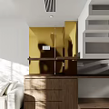 Open Plan Modern Living And Dining Space With Wood Furniture And Elegant Golden Decor Details