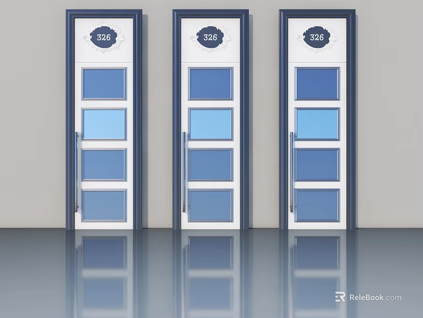 Three White And Blue Swing Doors With Glass Panels Silver Handles And Number 203 3d model 