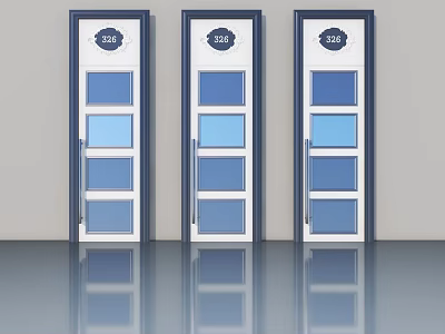 Three White And Blue Swing Doors With Glass Panels Silver Handles And Number 203 3d model