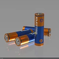 Orange And Blue Cylindrical Electro Batteries Standing On Reflective Surface 3d model