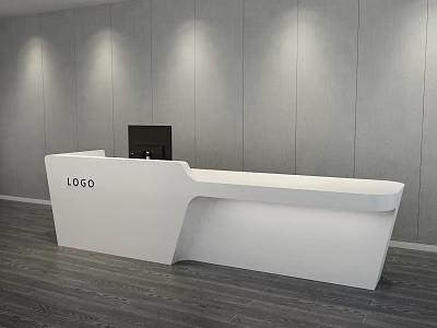 Modern White Reception Desk With Logo Computer Monitor Gray Wall Wooden Floor 3d model