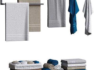 Absorbent Soft Towels for Daily Use in Gray Beige Blue Hanging and Folded 3d model