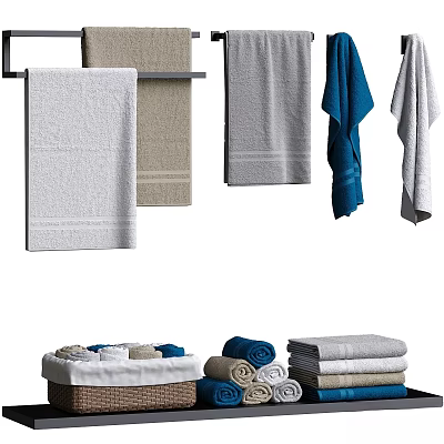 Absorbent Soft Towels for Daily Use in Gray Beige Blue Hanging and Folded 3d model
