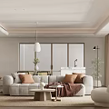 Minimalist Living And Dining Room With Beige Sofa Brown Cushions Wall Art And Pendant Light