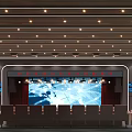 Modern Conference Room With Auditorium Seating Large Screen And Red Curtains