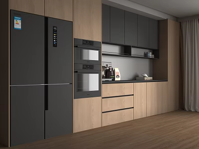 Modern Kitchen Sideboard with Dark Refrigerator Built-in Oven and Wooden Cabinets 3d model