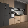 Modern Kitchen Sideboard with Dark Refrigerator Built-in Oven and Wooden Cabinets
