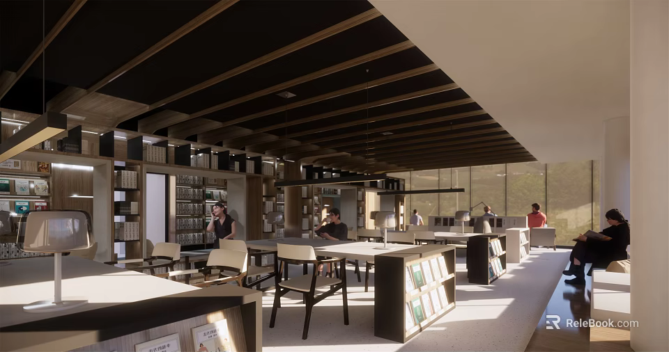 Book Art Inspired Library Interior With Wooden Beam Ceiling And Reading Tables 3d model 