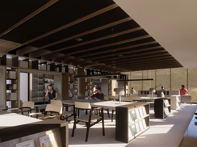 Book Art Inspired Library Interior With Wooden Beam Ceiling And Reading Tables 3d model