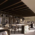 Book Art Inspired Library Interior With Wooden Beam Ceiling And Reading Tables