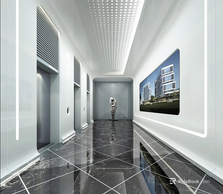 Modern Corridor Interior With Elevator Doors Marble Floor Sculpture And Recessed Lighting 3d model
