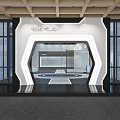 Modern Exhibition Hall Interior Design With Ceiling Lights Glass Partitions And Circular Floor