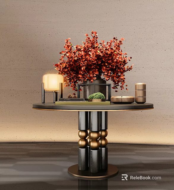 Modern Decorative Cabinet With Red Bouquet Table Lamp Small Green Plant Black Gold Spherical Base 3d model 