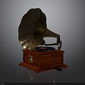 Vintage Gramophone Design With Brass Horn Red Wooden Base And Turntable