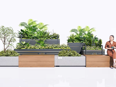 Comfortable Outdoor Chair With Wooden And Concrete Planters Surrounded By Lush Greenery 3d model