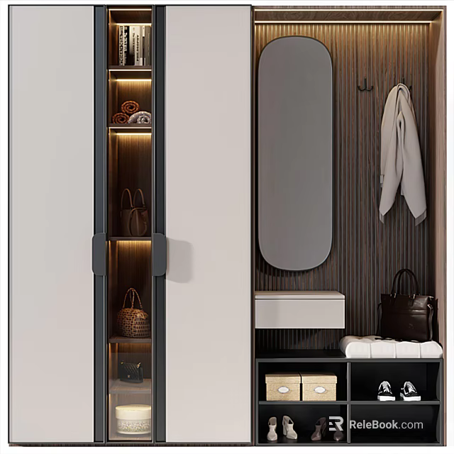 Modern Shoe Cabinet With LED Lighting Mirror Coat Hanger And Storage Compartments 3d model 