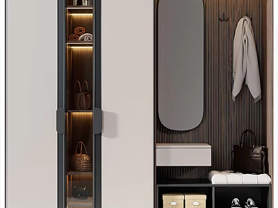Modern Shoe Cabinet With LED Lighting Mirror Coat Hanger And Storage Compartments 3d model