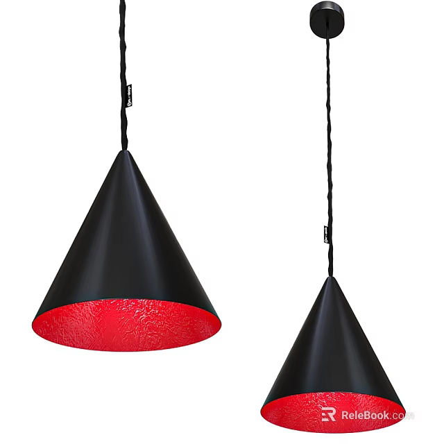 Two Black Conical Pendant Lights With Red Interior Modern Design 3d model