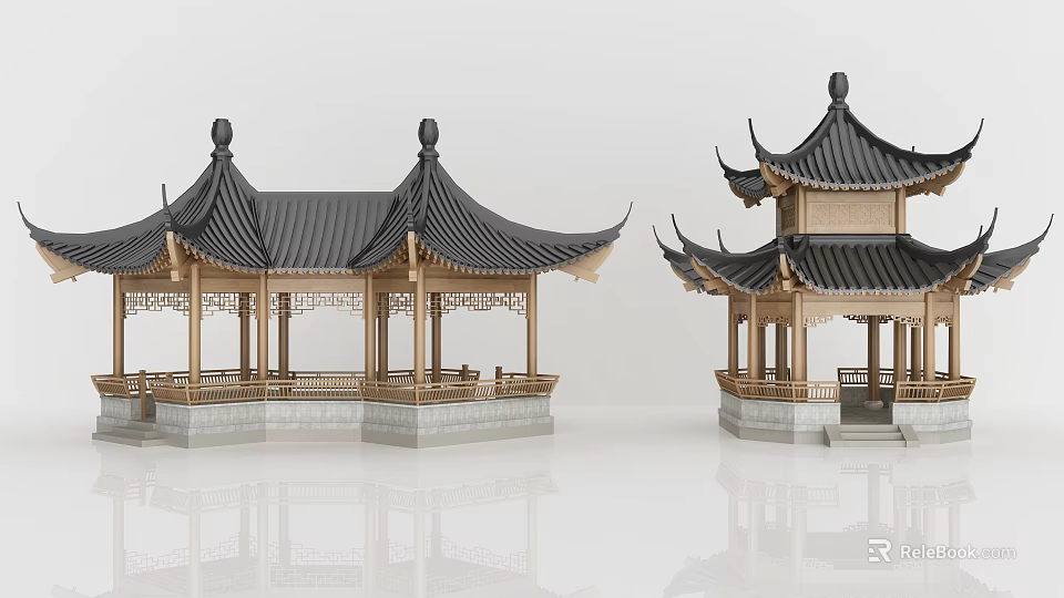 Classic Traditional Chinese Architecture With Wooden Pavilions Tower And Overhanging Eaves 3d model 