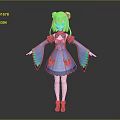 Anime Style Game Movie Character With Green Twin Buns Red Eyes And Blue Butterfly Dress