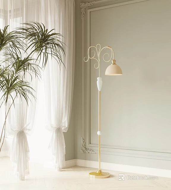 Floor Lamp with Golden Stand White Lampshade Palm Plant White Curtains and Light Wall 3d model 
