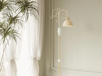 Floor Lamp with Golden Stand White Lampshade Palm Plant White Curtains and Light Wall 3d model