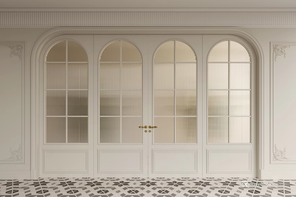 Elegant Double Doors With Arched Top Glass Grids White Walls And Patterned Floor Tiles 3d model 