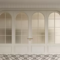 Elegant Double Doors With Arched Top Glass Grids White Walls And Patterned Floor Tiles