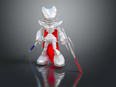 Detailed Silver Robot Figure With Red Cape And Blue And Red Weapons 3d model