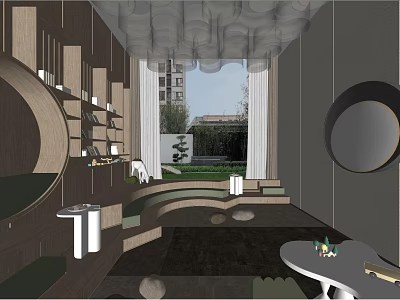 Modern Kindergarten Interior Design With Wooden Decor Round Mirrors And Green Plants 3d model