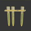 Three Test Tubes With Green Liquid And White Caps In Metal Rack