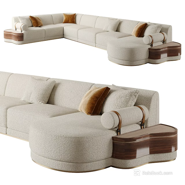Modern Sectional Sofa With Beige Upholstery Decorative Pillows Wooden Armrests And Storage Ottoman 3d model 