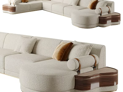 Modern Sectional Sofa With Beige Upholstery Decorative Pillows Wooden Armrests And Storage Ottoman 3d model