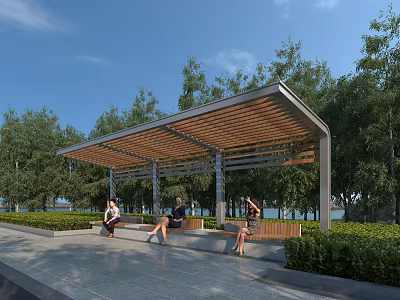 Outdoor Pergola With Wooden Roof Benches And People Sitting In Green Park By Waterfront 3d model