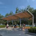 Outdoor Pergola With Wooden Roof Benches And People Sitting In Green Park By Waterfront