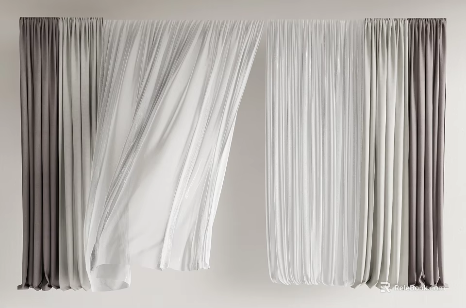 Elegant Flowy Curtains in White and Gray Tones for Modern Interior 3d model 
