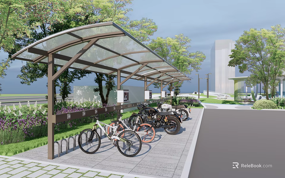 Outdoor Sunshade Canopy For Parked Bicycles Motorcycles With Green Trees And Plants 3d model 