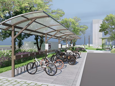 Outdoor Sunshade Canopy For Parked Bicycles Motorcycles With Green Trees And Plants 3d model