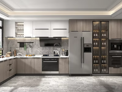 Modern Kitchen Interior With Wooden Cabinets Quartz Countertop Stainless Steel Refrigerator And Wine Storage 3d model