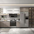 Modern Kitchen Interior With Wooden Cabinets Quartz Countertop Stainless Steel Refrigerator And Wine Storage