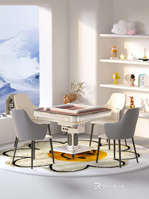 Modern Entertainment Table Interior Design With Four Gray Chairs And Dried Plant Vase 3d model 