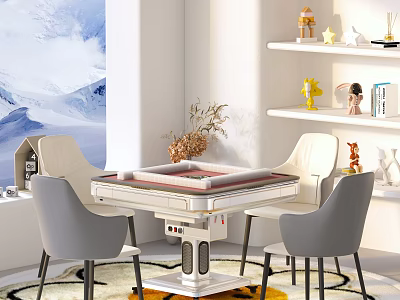 Modern Entertainment Table Interior Design With Four Gray Chairs And Dried Plant Vase 3d model