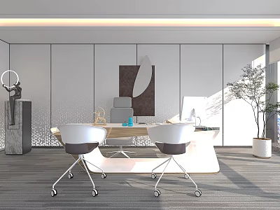 Modern White Office Desk With Ergonomic Chairs Wall Art Sculpture And Plant In Bright Workspace 3d model