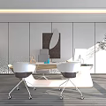 Modern White Office Desk With Ergonomic Chairs Wall Art Sculpture And Plant In Bright Workspace