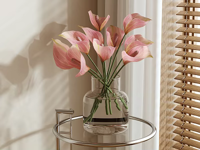 Elegant Pink Calla Lilies in Transparent Glass Vase on Metal Round Table with Natural Light 3d model