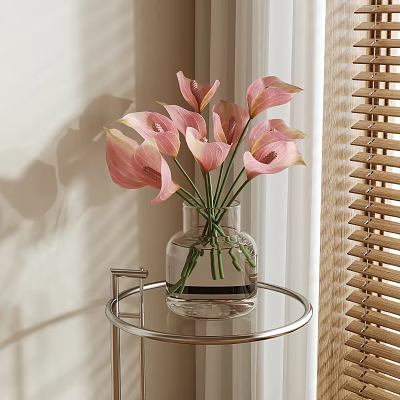 Elegant Pink Calla Lilies in Transparent Glass Vase on Metal Round Table with Natural Light 3d model