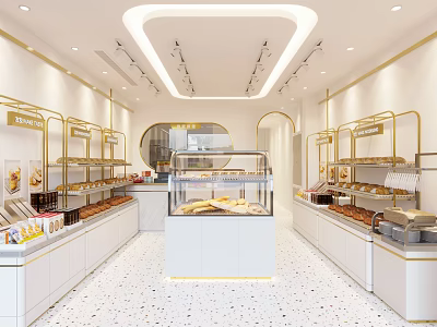 Modern Dessert Shop Interior Design With Glass Display Cases And Assorted Sweet Treats 3d model
