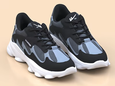 Stylish Black And Gray Sports Shoes With White Sole And Modern Mesh Design 3d model