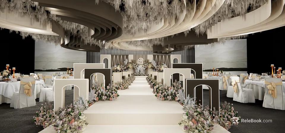 Elegant Wedding Banquet Hall Interior with Floral Arrangements Archways and White Aisle 3d model 