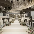 Elegant Wedding Banquet Hall Interior with Floral Arrangements Archways and White Aisle